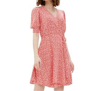 Banana Republic Women's Coral & White Poly/Spandex Floral Lined Mini Wrap Dress